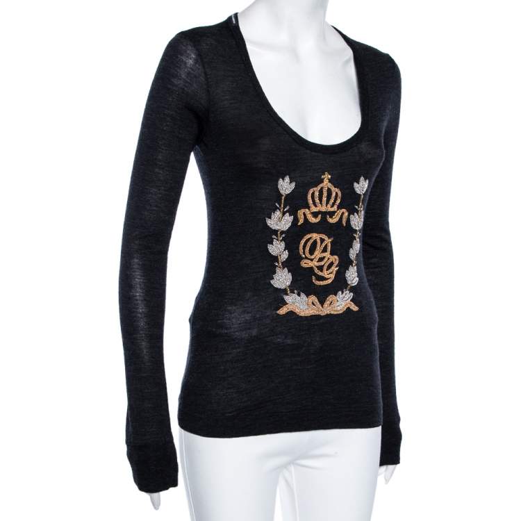 Pre Owned Dolce & Gabbana Charcoal Grey Knit Logo Embroidered Long Sleeve T-Shirt S