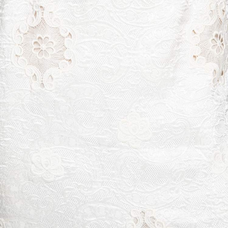 Pre Owned Dolce & Gabbana Ivory Floral Jacquard & Lace Inset Detailed Pencil Skirt S