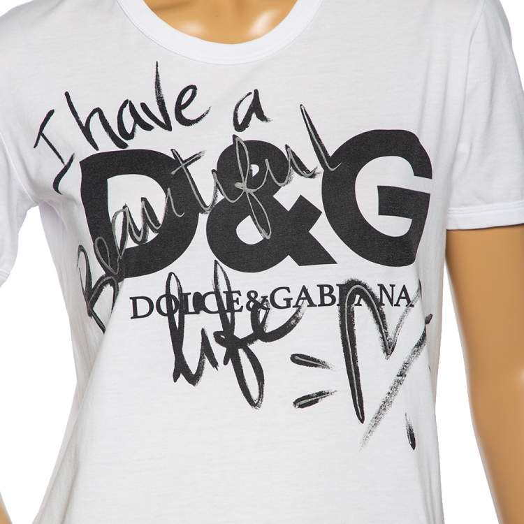 Pre Owned Dolce & Gabbana White Beautiful Life Print Cotton Short Sleeve T-Shirt S