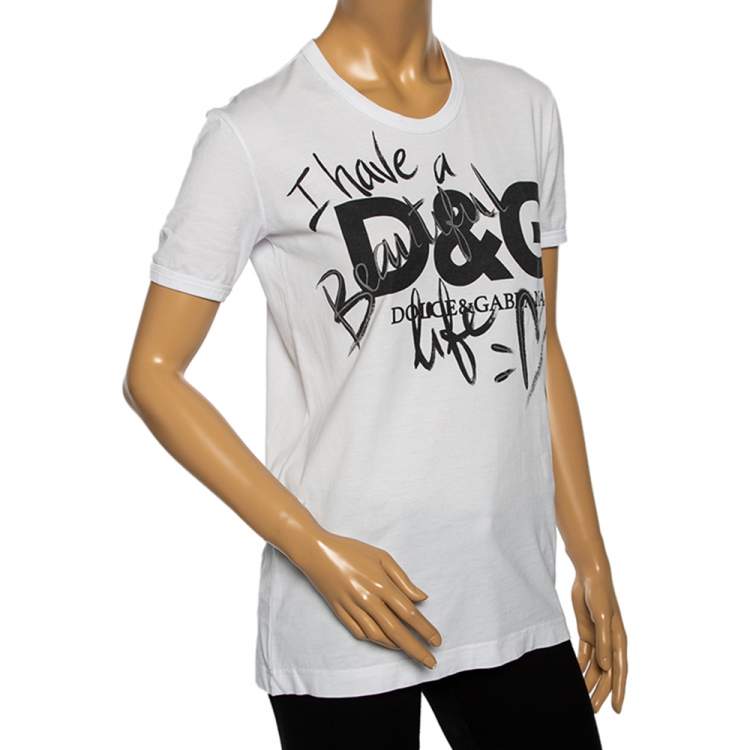 Pre Owned Dolce & Gabbana White Beautiful Life Print Cotton Short Sleeve T-Shirt S