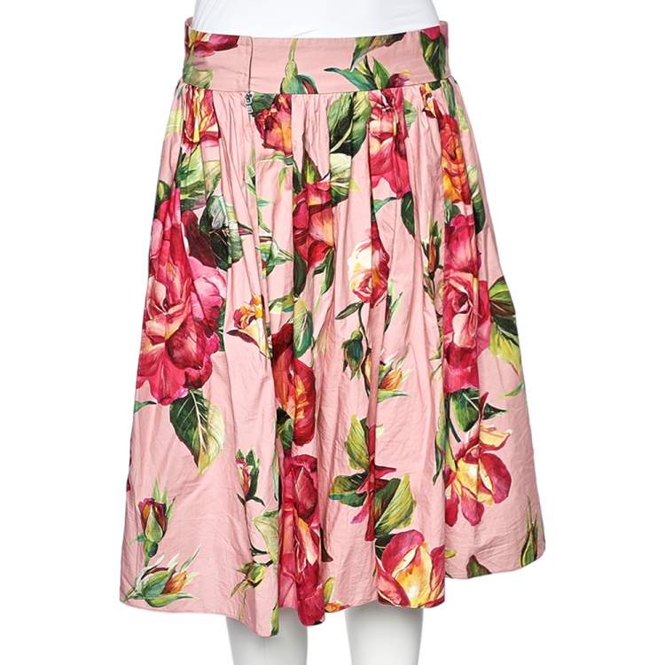 Pre Owned Dolce & Gabbana Pink Rose Printed Cotton Midi Skirt L