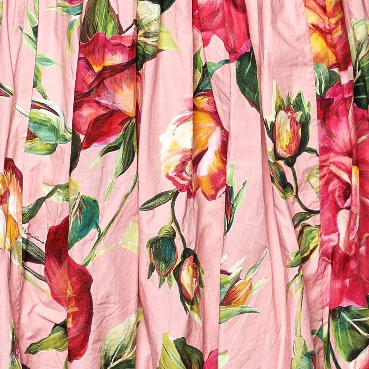 Pre Owned Dolce & Gabbana Pink Rose Printed Cotton Midi Skirt L