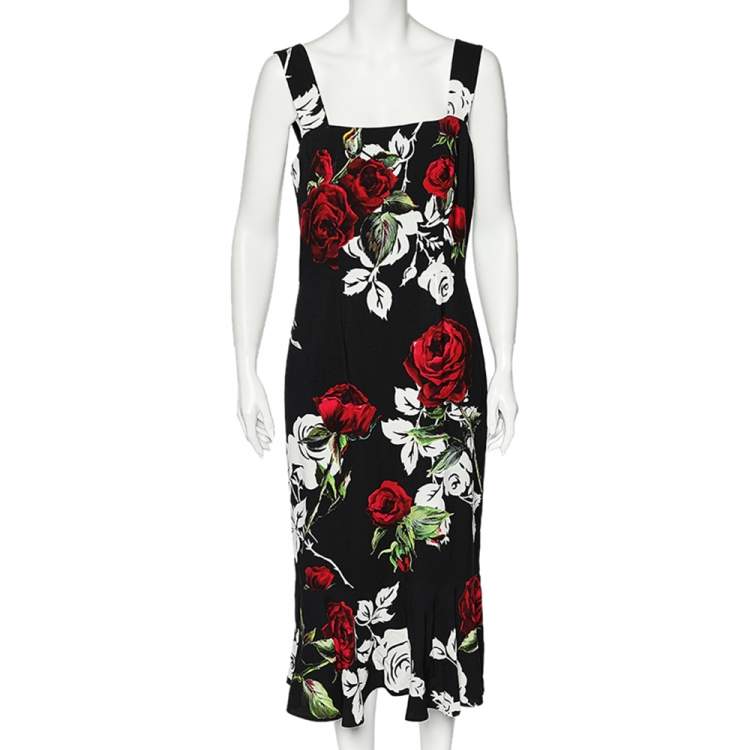 مملوكة مسبقًا Dolce & Gabbana Black Rose Printed Crepe Sleeveless Midi Dress L