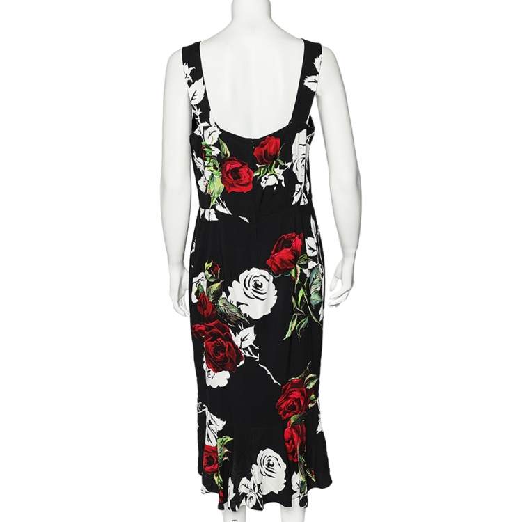 مملوكة مسبقًا Dolce & Gabbana Black Rose Printed Crepe Sleeveless Midi Dress L