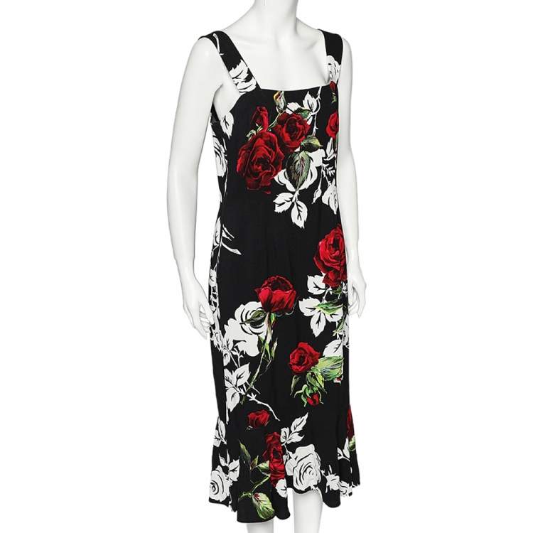 مملوكة مسبقًا Dolce & Gabbana Black Rose Printed Crepe Sleeveless Midi Dress L