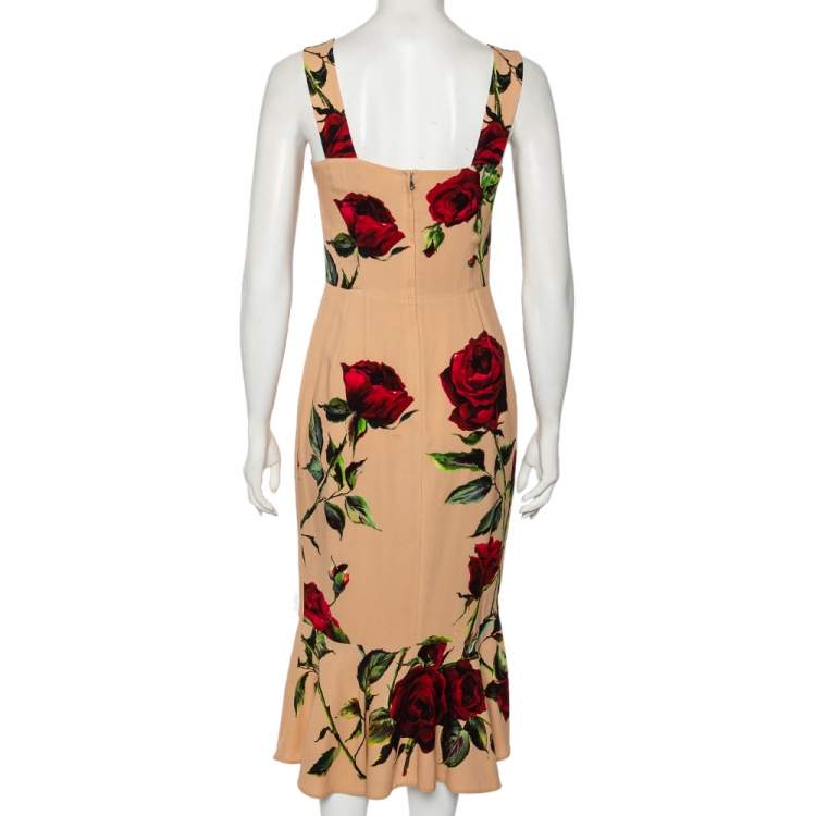 Pre Owned Dolce & Gabbana Beige Rose Print Crepe Fitted Sleeveless Dress S