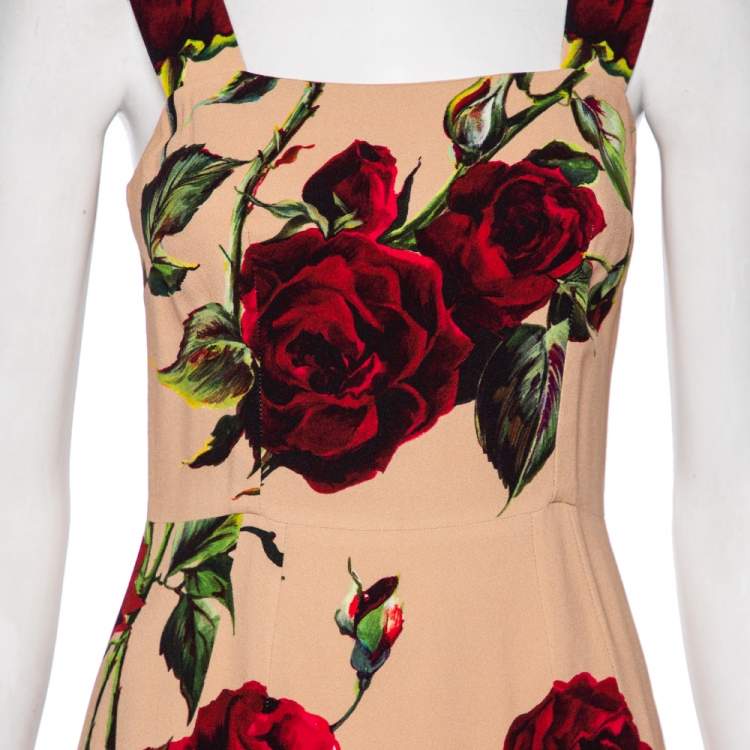 Pre Owned Dolce & Gabbana Beige Rose Print Crepe Fitted Sleeveless Dress S