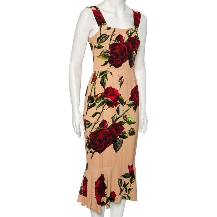 Pre Owned Dolce & Gabbana Beige Rose Print Crepe Fitted Sleeveless Dress S