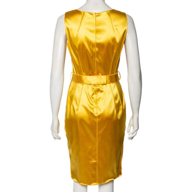 Pre Owned Dolce & Gabbana Yellow Satin Sleeveless Belted Dress S 
