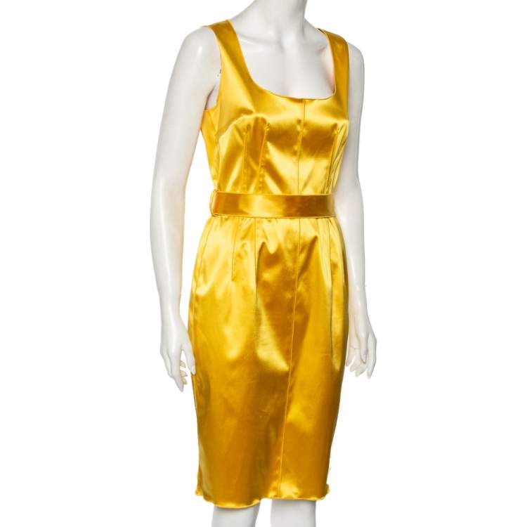 Pre Owned Dolce & Gabbana Yellow Satin Sleeveless Belted Dress S 