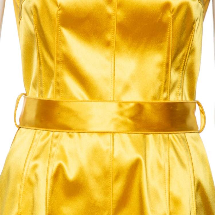 Pre Owned Dolce & Gabbana Yellow Satin Sleeveless Belted Dress S 