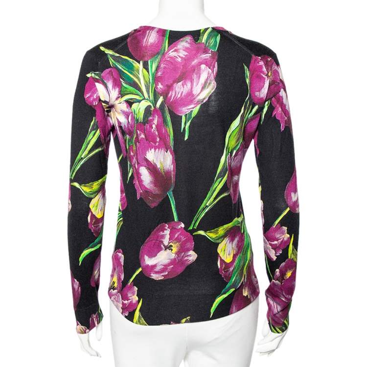 مملوكة مسبقًا Dolce & Gabbana Black Tulip Print Cashmere V-Neck Jumper M