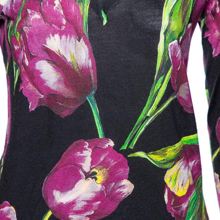 مملوكة مسبقًا Dolce & Gabbana Black Tulip Print Cashmere V-Neck Jumper M
