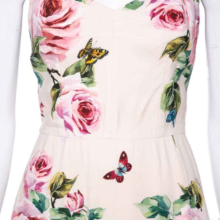 Pre Owned Dolce & Gabbana Pink Rose Printed Crepe Sleeveless Midi Dress S