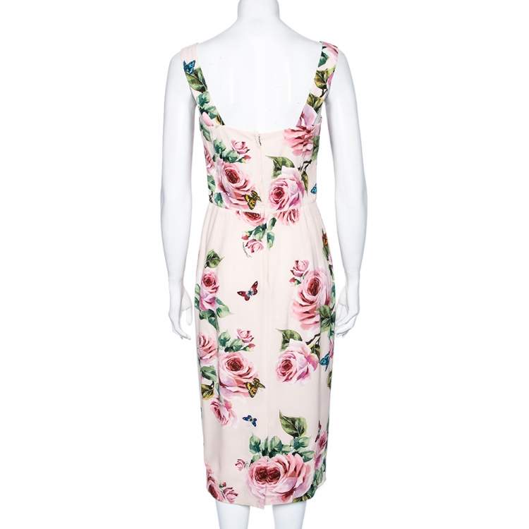 Pre Owned Dolce & Gabbana Pink Rose Printed Crepe Sleeveless Midi Dress S