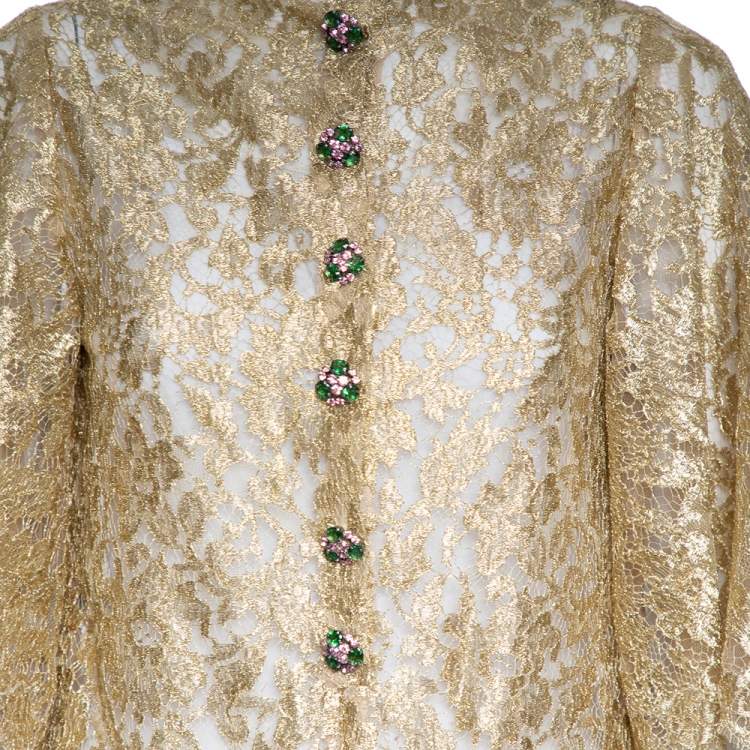 Pre Owned Dolce & Gabbana Gold Lurex Floral Lace Scalloped Hem Detailed Blouse M