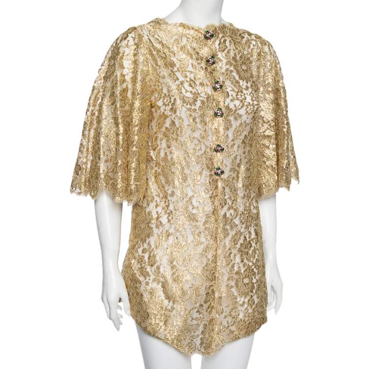 Pre Owned Dolce & Gabbana Gold Lurex Floral Lace Scalloped Hem Detailed Blouse M