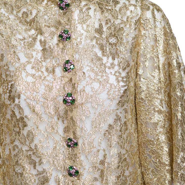 Pre Owned Dolce & Gabbana Gold Lurex Floral Lace Scalloped Hem Detailed Blouse M