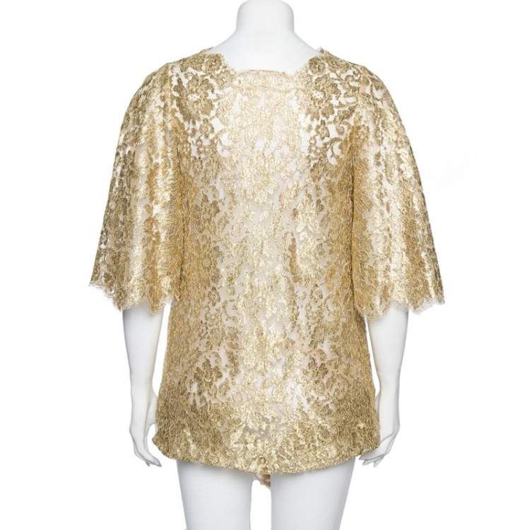 Pre Owned Dolce & Gabbana Gold Lurex Floral Lace Scalloped Hem Detailed Blouse M