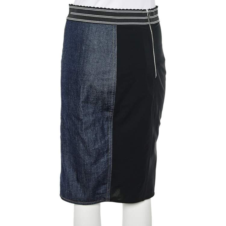 Pre Owned Dolce & Gabbana Navy Blue Denim & Synthetic Paneled Logo Waist Band Detail Pencil Skirt M