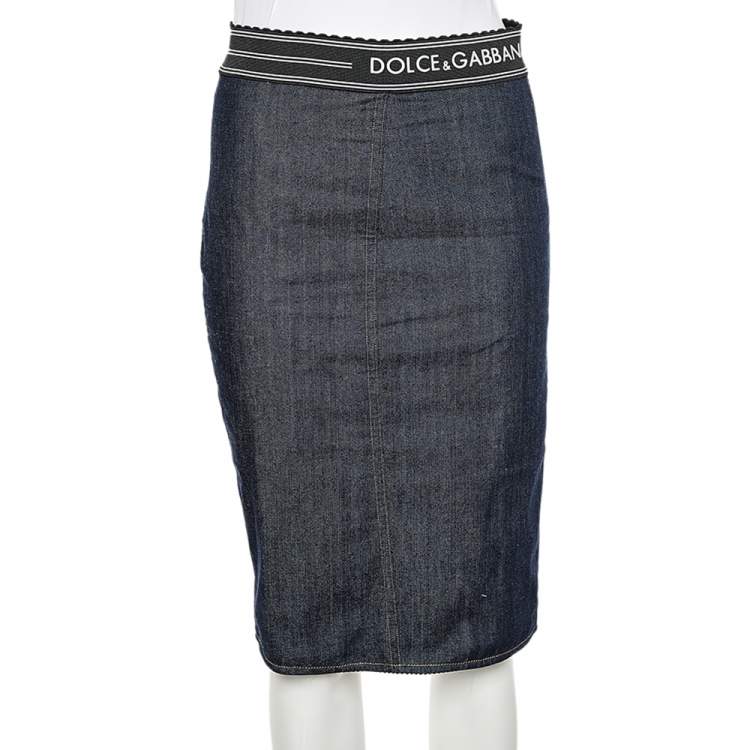 Pre Owned Dolce & Gabbana Navy Blue Denim & Synthetic Paneled Logo Waist Band Detail Pencil Skirt M