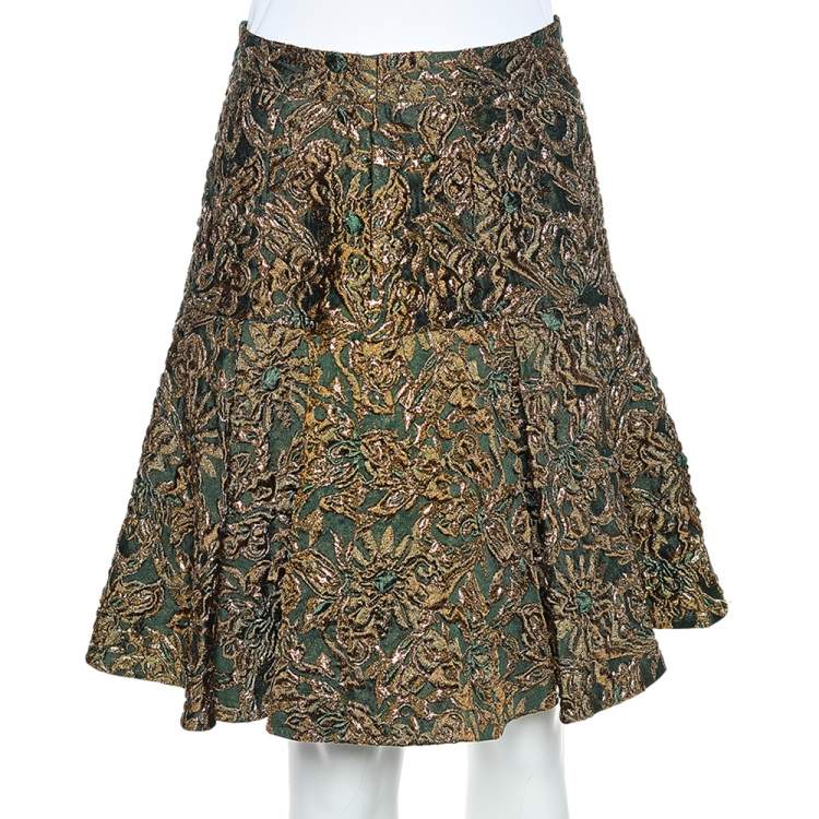 Pre Owned Dolce & Gabbana Green & Gold Floral Brocade Pleated Skirt M
