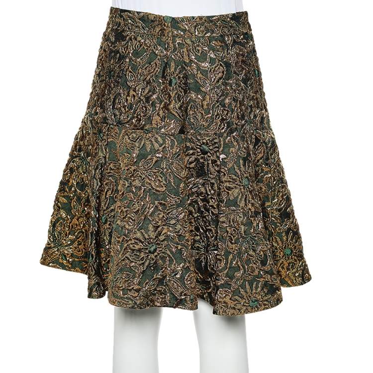 Pre Owned Dolce & Gabbana Green & Gold Floral Brocade Pleated Skirt M