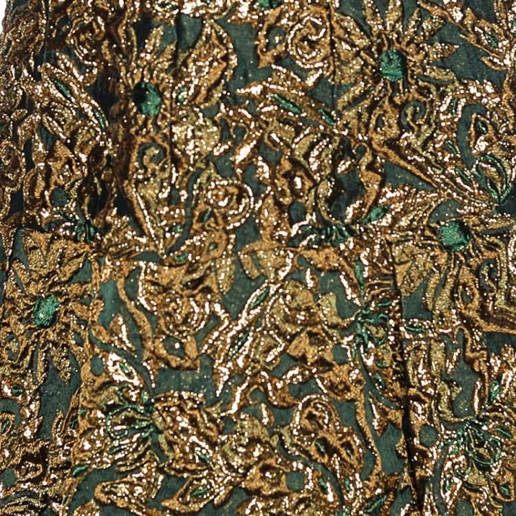 Pre Owned Dolce & Gabbana Green & Gold Floral Brocade Pleated Skirt M
