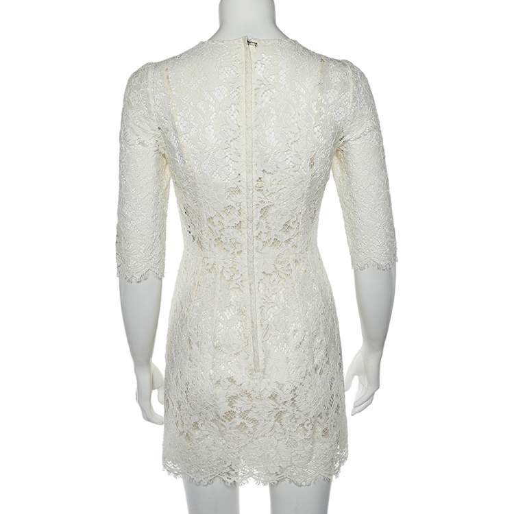 Pre Owned Dolce & Gabbana White Floral Lace Scalloped Hem Detail Dress S 