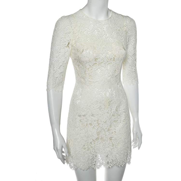 Pre Owned Dolce & Gabbana White Floral Lace Scalloped Hem Detail Dress S 
