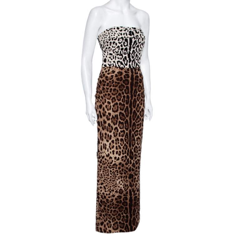 Pre Owned Dolce & Gabbana Leopard Printed Silk Crepe Strapless Maxi Dress M