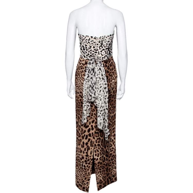 Pre Owned Dolce & Gabbana Leopard Printed Silk Crepe Strapless Maxi Dress M