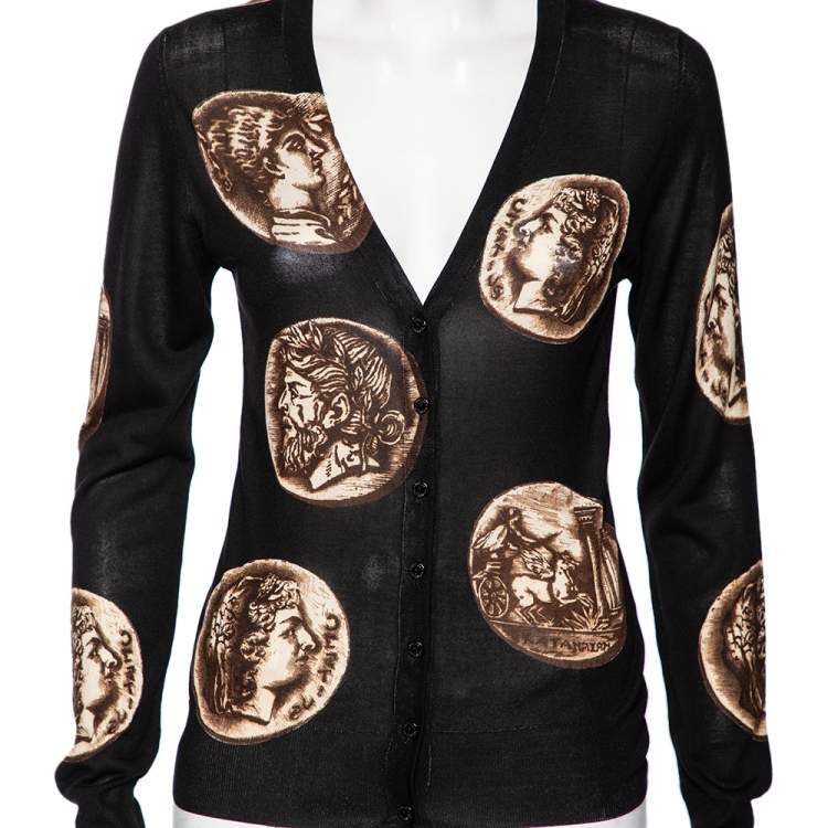 مملوكة مسبقًا Dolce & Gabbana Black Ancient Coin Print Silk Knit Cardigan M