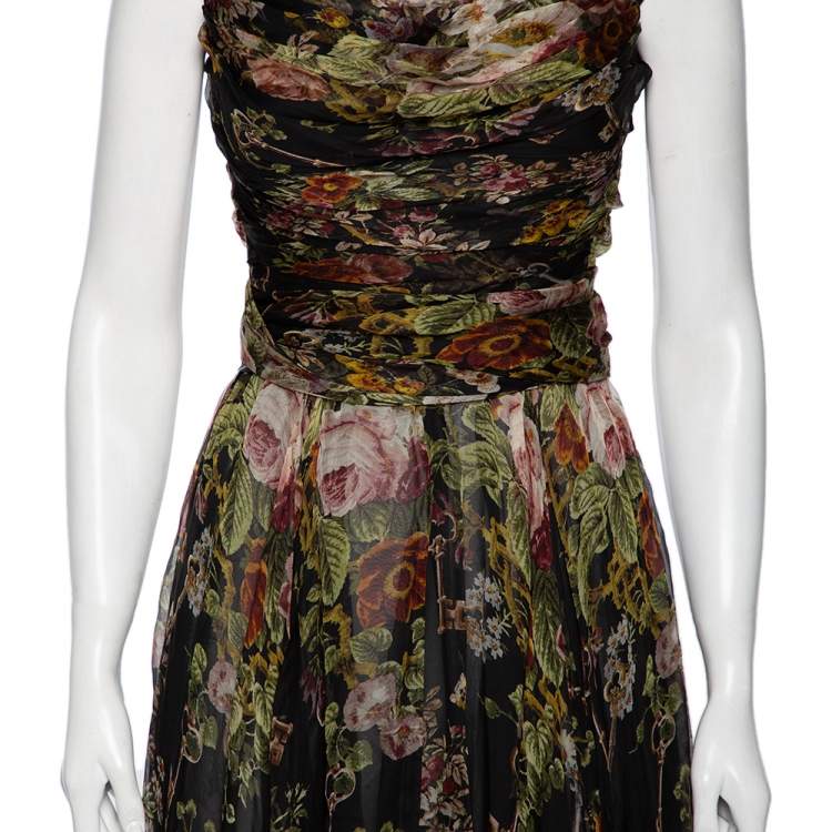 Pre Owned Dolce & Gabbana Multicolored Floral Printed Silk Ruched Off-Shoulder Gown S