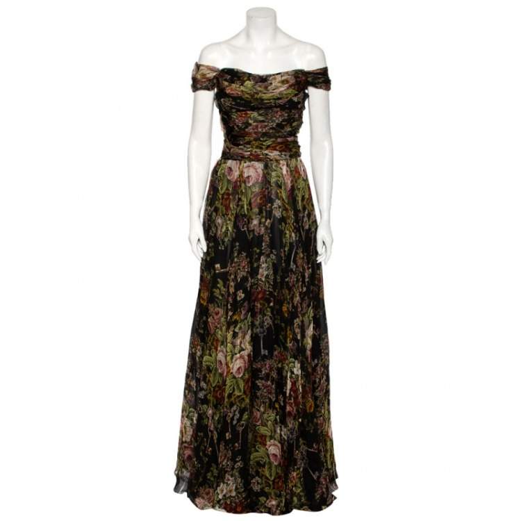 Pre Owned Dolce & Gabbana Multicolored Floral Printed Silk Ruched Off-Shoulder Gown S