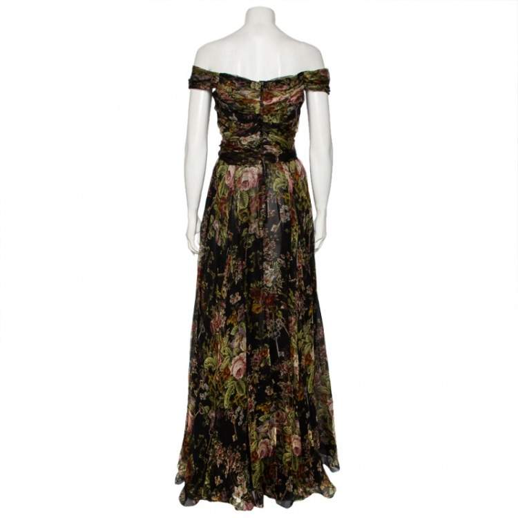 Pre Owned Dolce & Gabbana Multicolored Floral Printed Silk Ruched Off-Shoulder Gown S