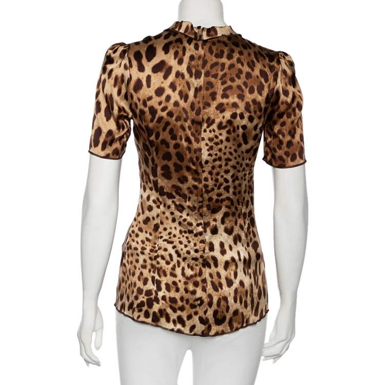 Pre Owned Dolce & Gabbana Brown Animal Print Silk Neck Tie Detailed Top S