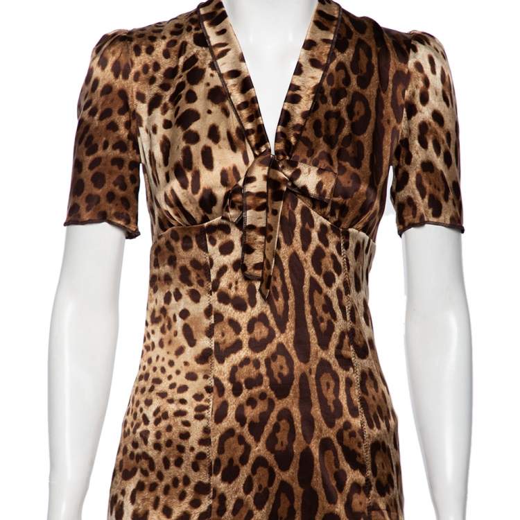 Pre Owned Dolce & Gabbana Brown Animal Print Silk Neck Tie Detailed Top S