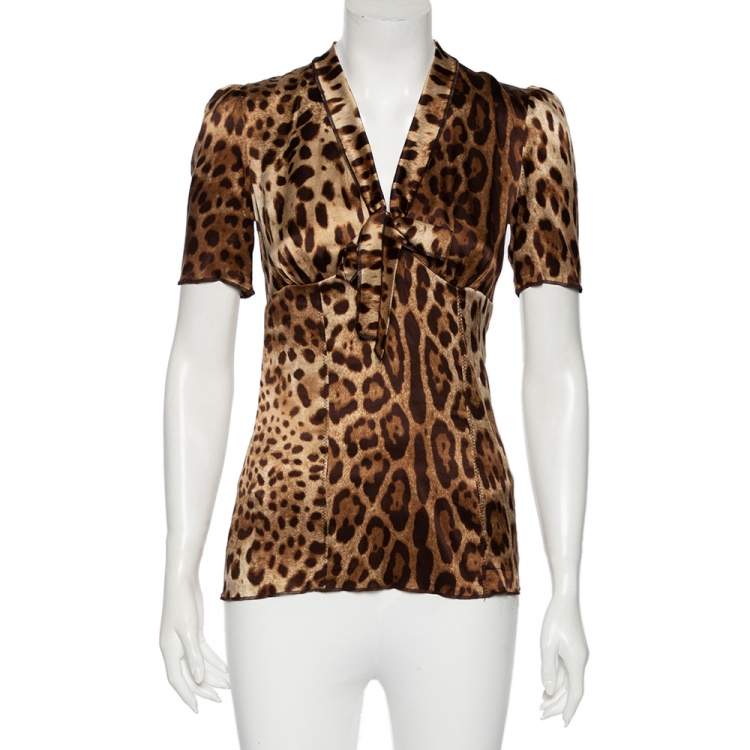 Pre Owned Dolce & Gabbana Brown Animal Print Silk Neck Tie Detailed Top S