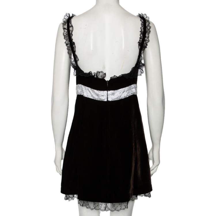 Pre Owned Dolce & Gabbana Black Velvet & Lace Trimmed Embellished Mini Dress M