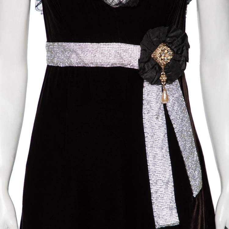 Pre Owned Dolce & Gabbana Black Velvet & Lace Trimmed Embellished Mini Dress M