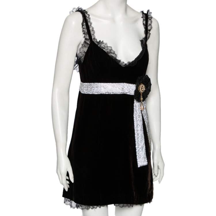 Pre Owned Dolce & Gabbana Black Velvet & Lace Trimmed Embellished Mini Dress M