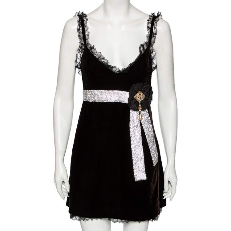 Pre Owned Dolce & Gabbana Black Velvet & Lace Trimmed Embellished Mini Dress M