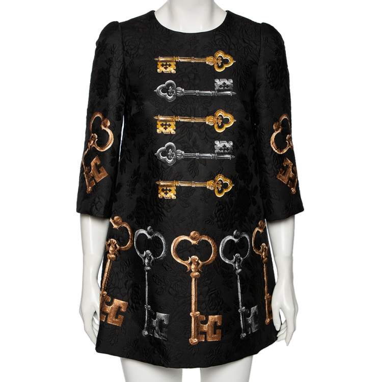 Pre Owned Dolce & Gabbana Black Key Print Silk Jacquard Oversized Dress S 