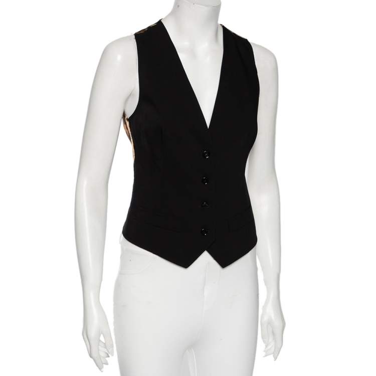 Pre Owned Dolce & Gabbana Black & Leopard Print Wool Button Front Waistcoat S