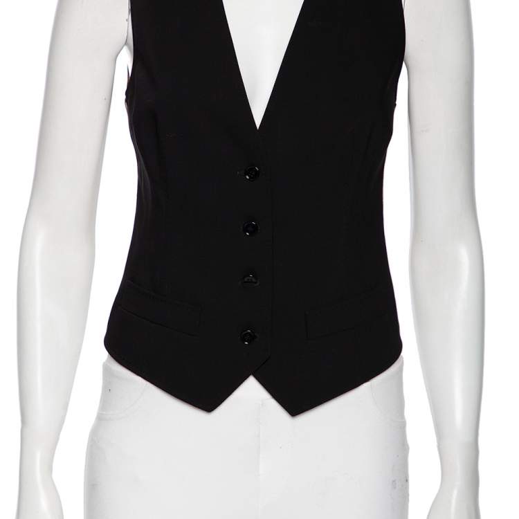 Pre Owned Dolce & Gabbana Black & Leopard Print Wool Button Front Waistcoat S