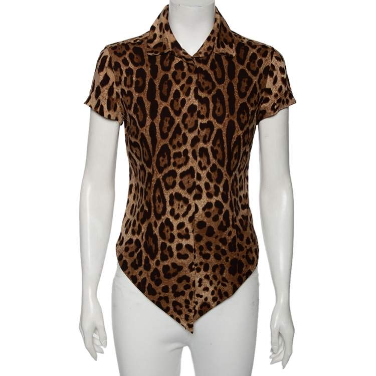 Pre Owned Dolce & Gabbana Brown Leopard Printed Silk Tie-Knot Blouse S