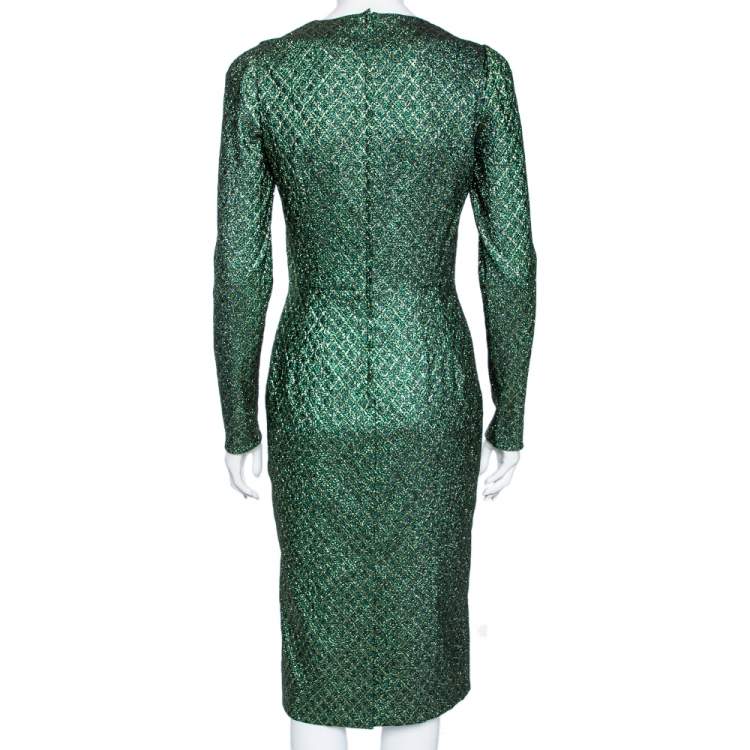 Pre Owned Dolce & Gabbana Green Metallic Jacquard Long Sleeve Midi Dress M