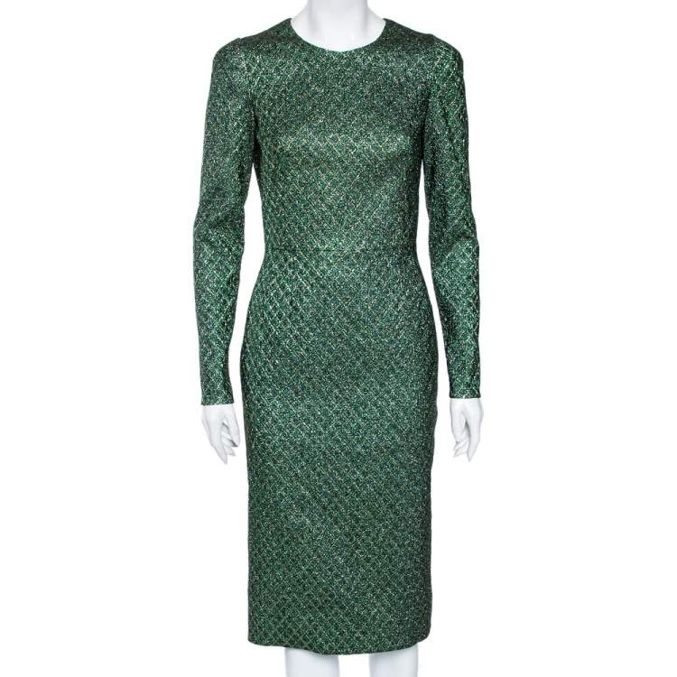 Pre Owned Dolce & Gabbana Green Metallic Jacquard Long Sleeve Midi Dress M