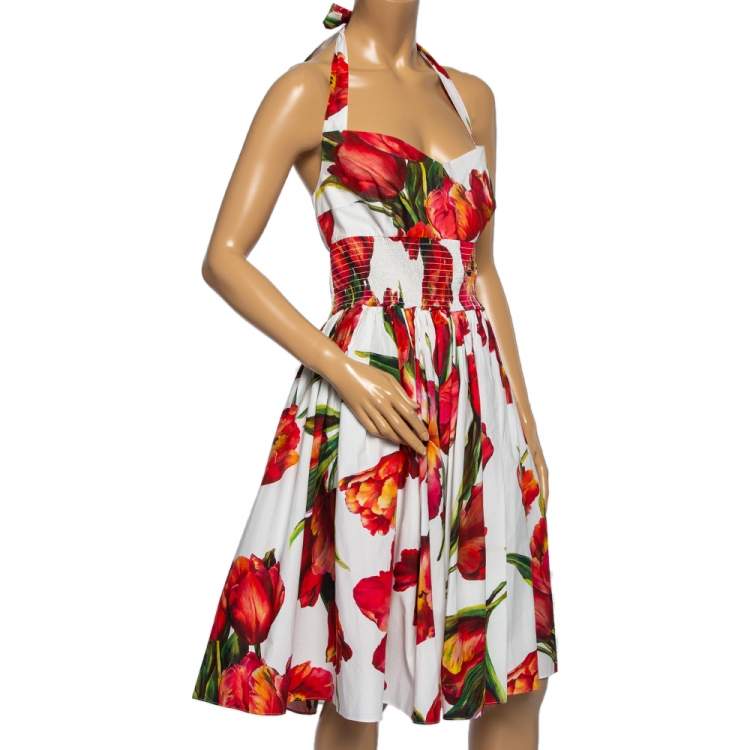 Pre Owned Dolce & Gabbana White & Red Tulip Printed Halter Neck Dress XL